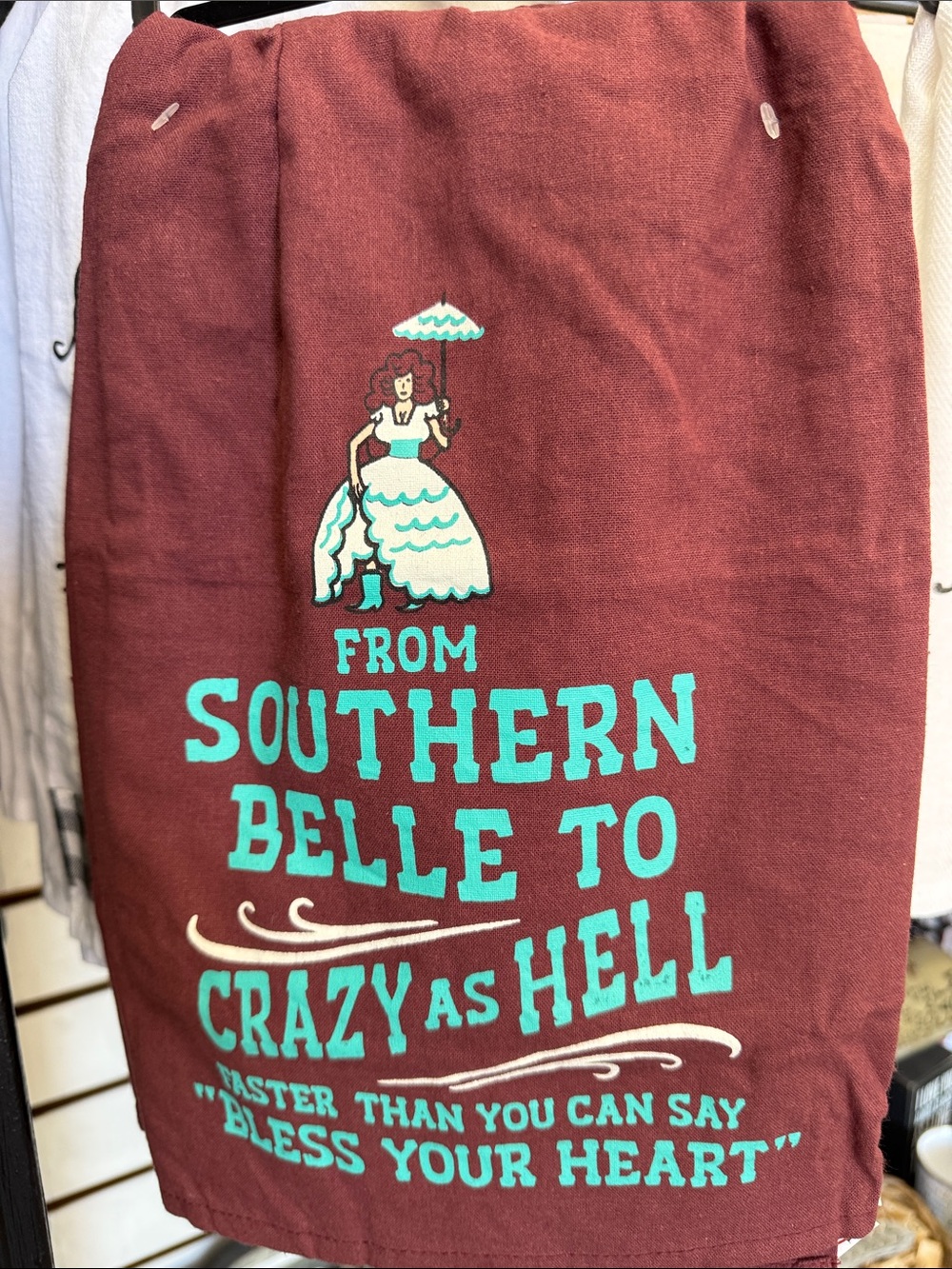 Primitives by Kathy Burgundy Tea Towel with Teal Southern Belle Graphic